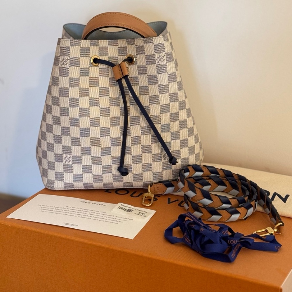 Louis Vuitton NeoNoe MM Damier Azur Braided W/Box Dust Tag Receipt PRISTINE Blue